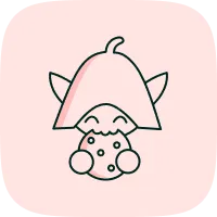 Line drawing of a smiling elf or fairy holding a cookie, centered on a rounded pale pink square background.