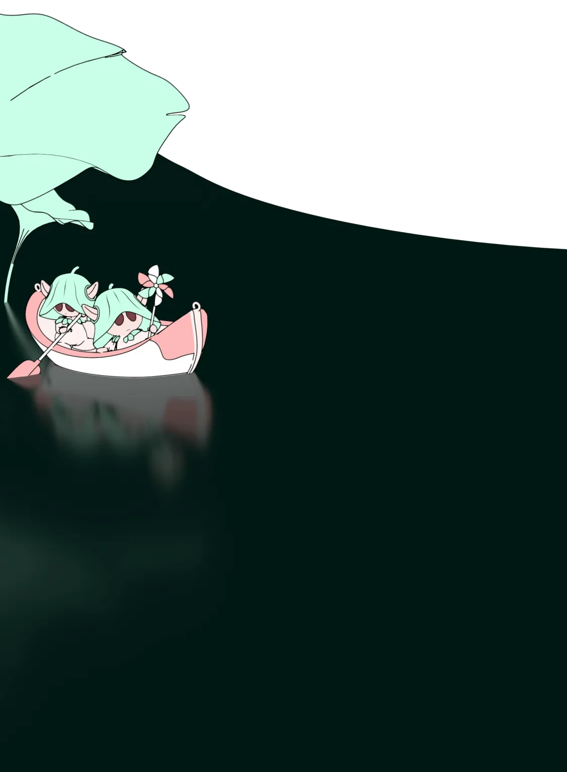 Two small characters with hood-like caps row a pink and white boat under a large, light green leaf on dark water, with their reflection faintly visible.