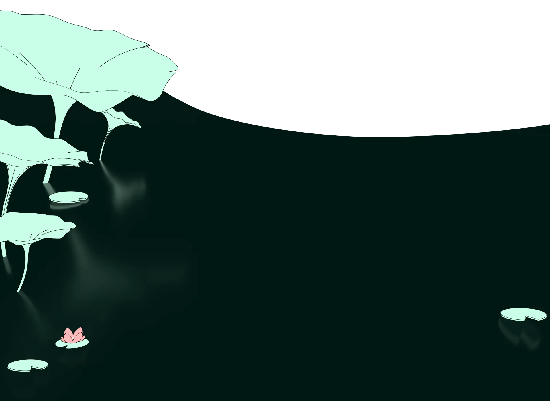 Dark pond with large light green lily pads and stems on the left side and a single pink water lily flower near the bottom left.