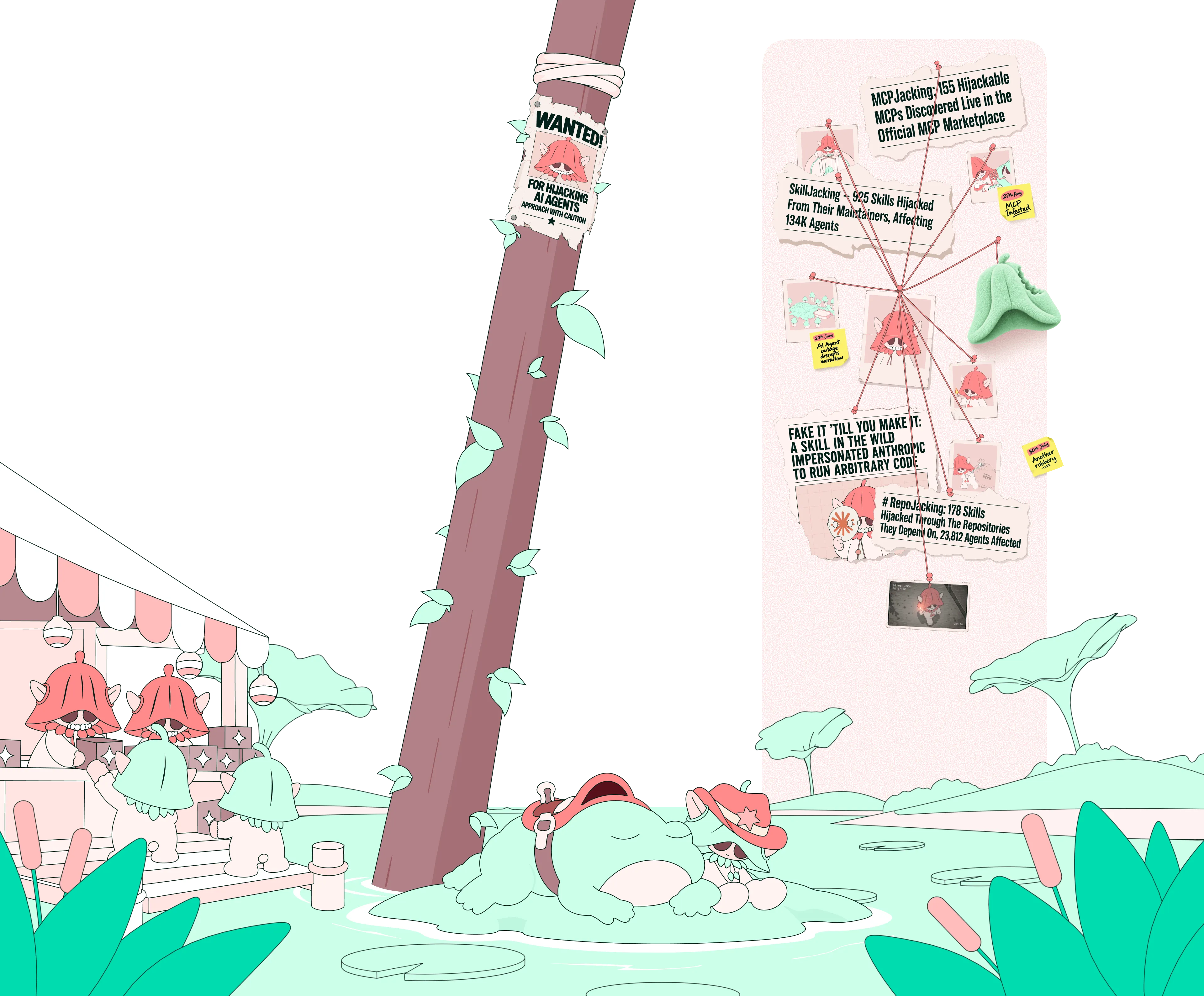 Cartoon scene of small red-hatted creatures at a stand and standing in line by a tree with a 'WANTED' poster for hijacking AI agents. One creature in a cowboy hat lies beside a large frog on a lily pad. Behind them, a bulletin board connects news about hijacking skills, MCPs, and repositories with red lines, warning about hijacking incidents affecting many agents. Soft green plants and water lilies surround the scene.