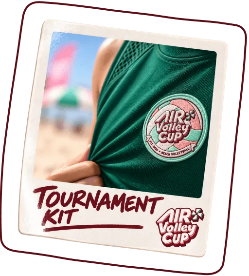 Close-up of a person wearing a green sports jersey with a round patch logo that reads 'Air Volley Cup' and 'Est. 2016 Beach Volleyball.' The image is framed like a Polaroid with 'Tournament Kit' text handwritten below and the Air Volley Cup logo on the bottom right.
