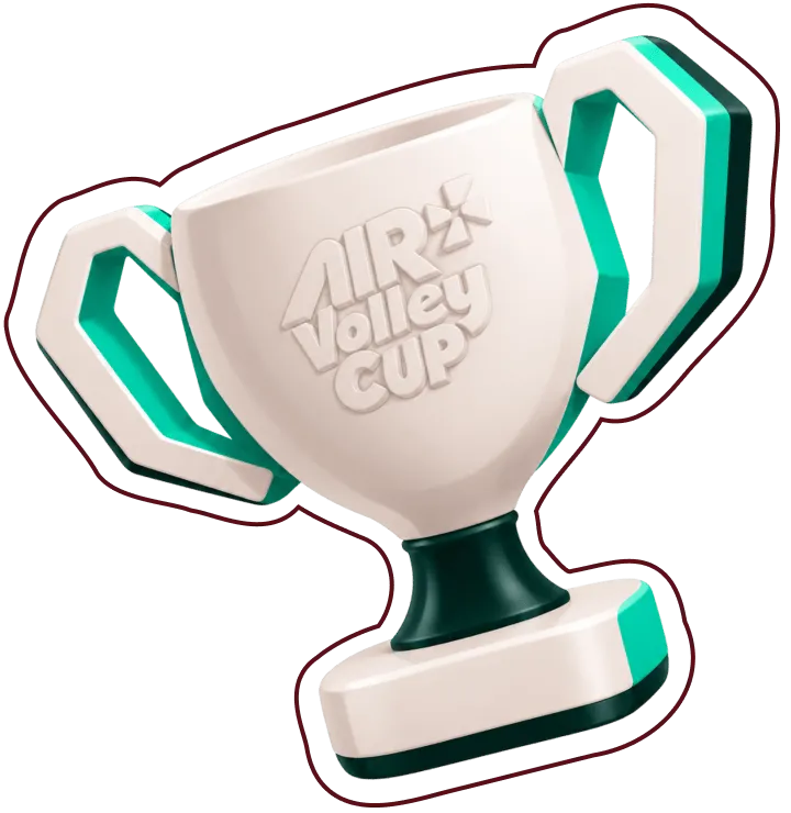 White and teal trophy cup with stylized handles and the text 'Air Volley Cup' embossed on the front.