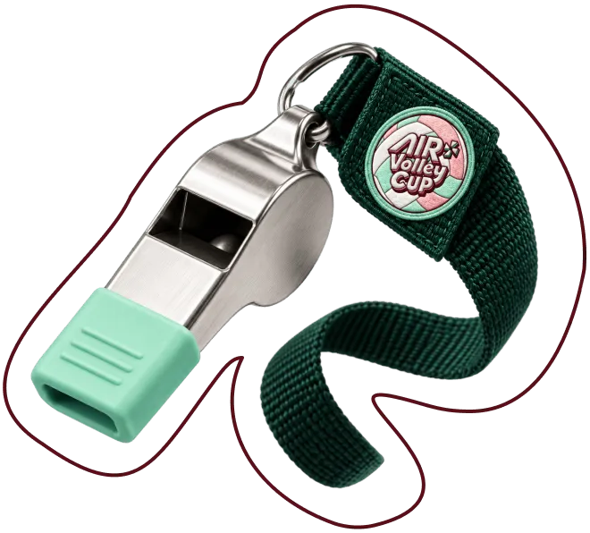 Metal whistle with a mint green mouthpiece attached to a dark green woven strap featuring a round Air Volley Cup logo patch in pink and white.
