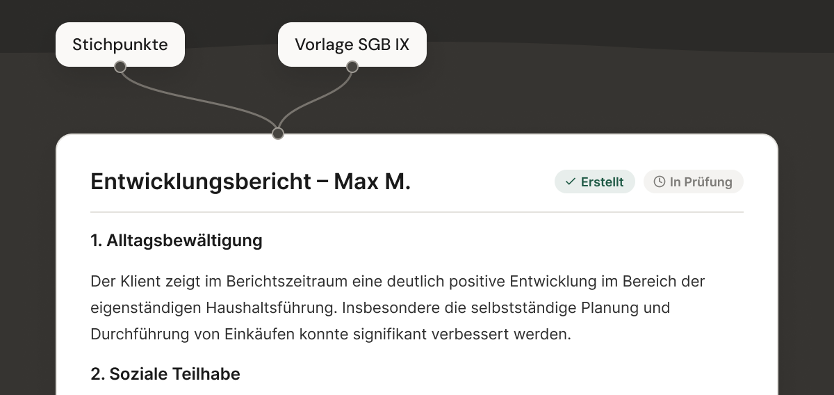 Aus Stichpunkten und Vorlage entsteht ein Entwicklungsbericht