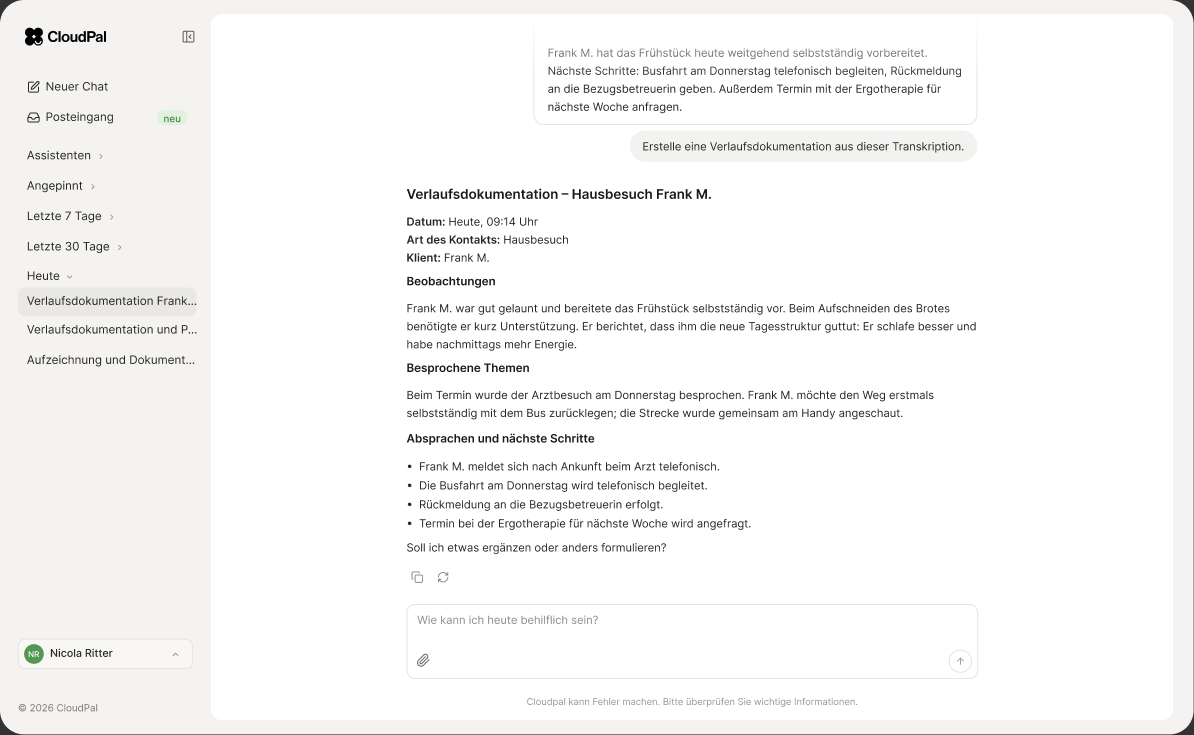 CloudPal KI-Plattform mit einer erstellten Verlaufsdokumentation