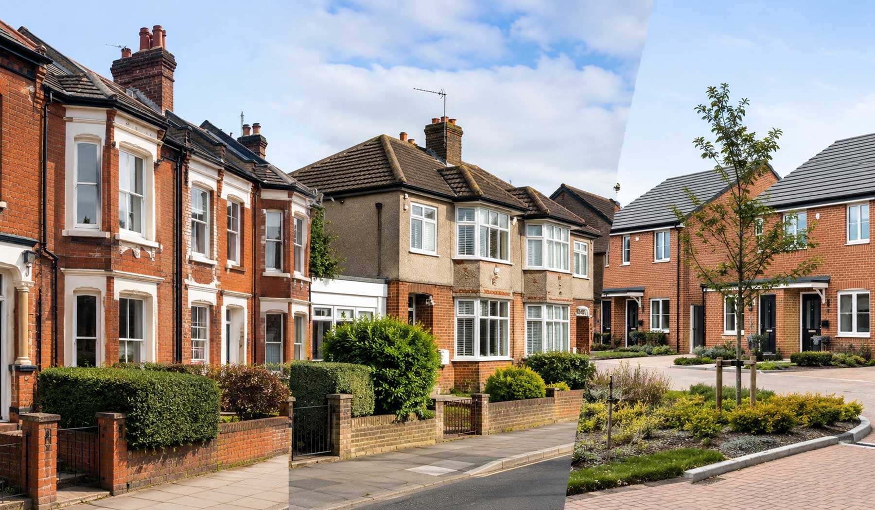 Victorian terraced, post-war semi-detached, and modern homes in Farnborough residential neighbourhood under a bright blue sky.