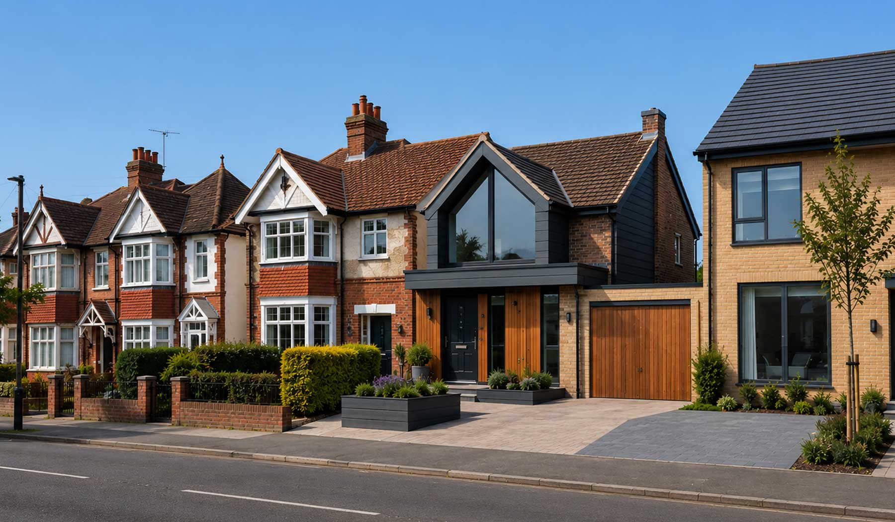 Modern home extension alongside Edwardian and contemporary houses on a residential street in Woking under a clear blue sky.