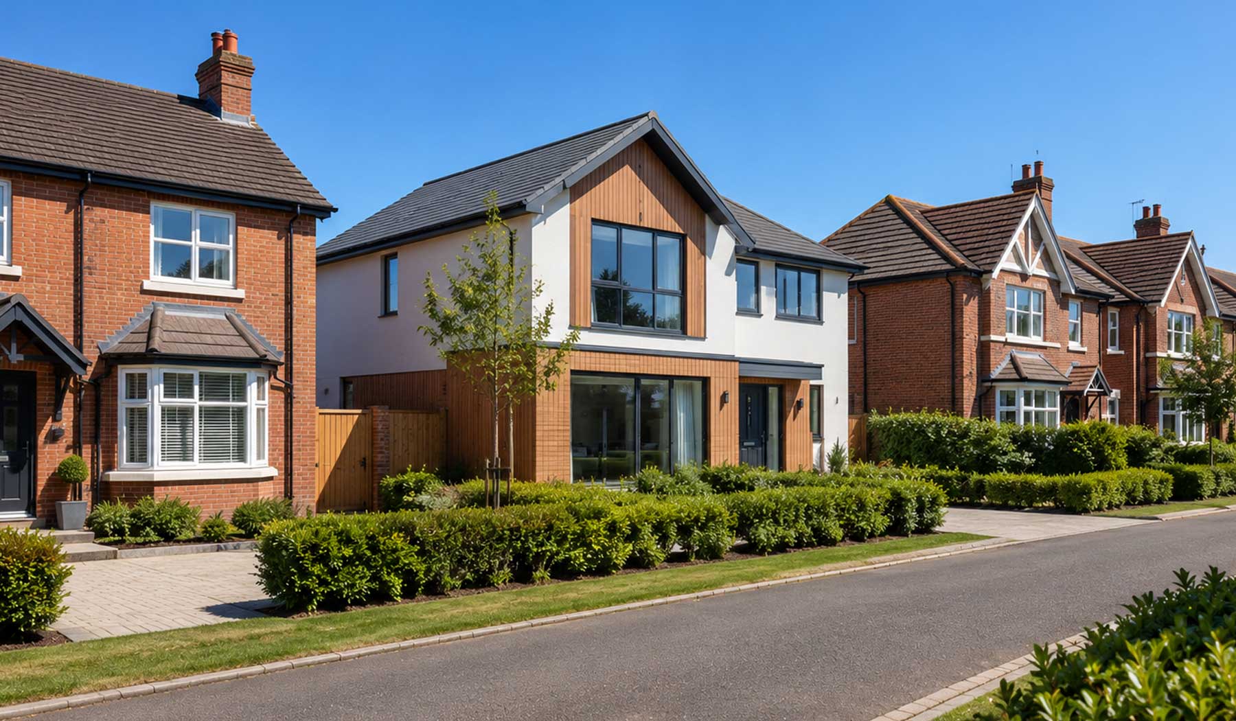 Modern family homes and contemporary house extension on a quiet residential street in Wokingham with landscaped gardens and clear blue skies.