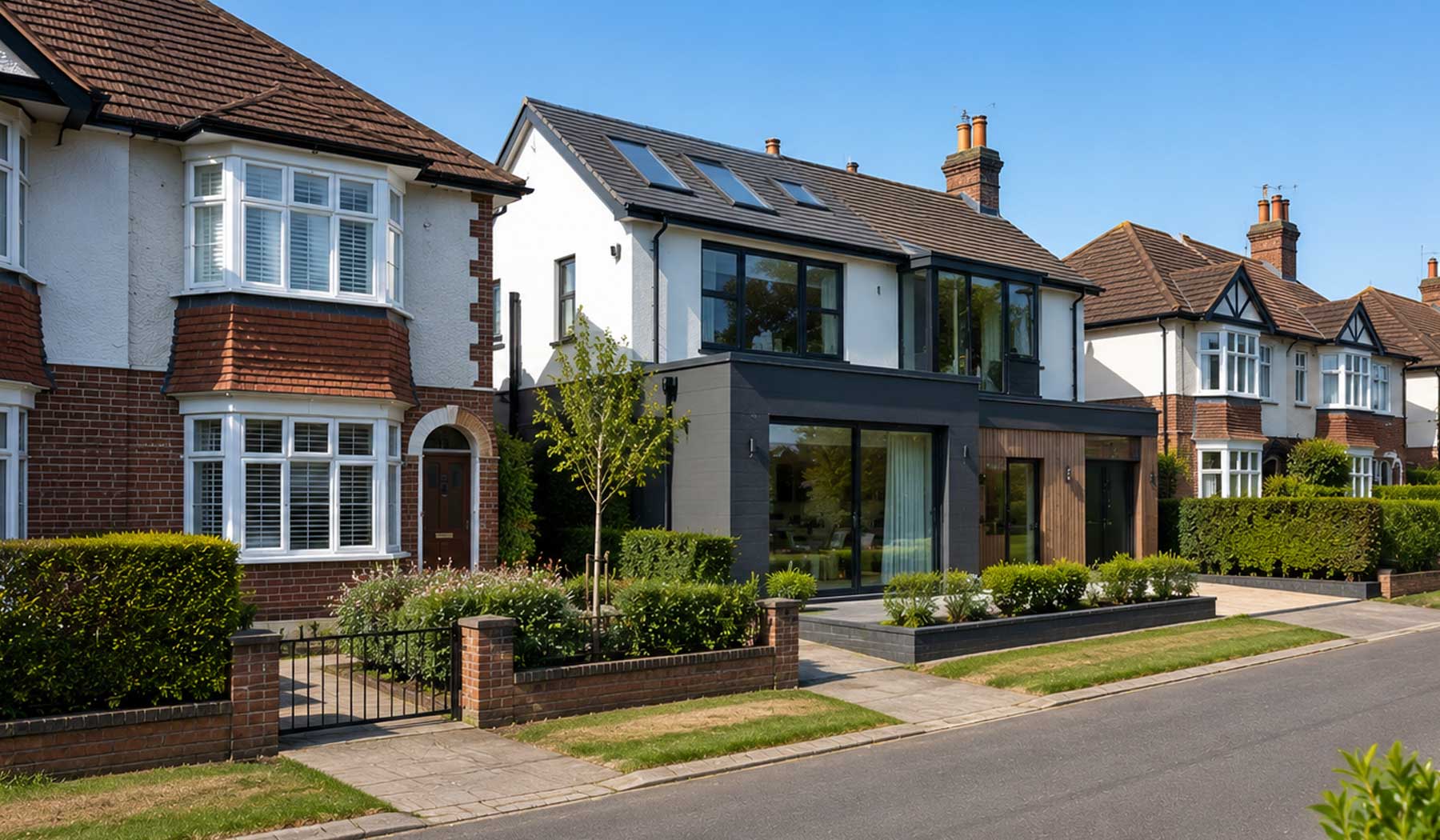 Modern home extension beside traditional 1930s semi-detached houses on a quiet residential street in Frimley with landscaped front gardens.
