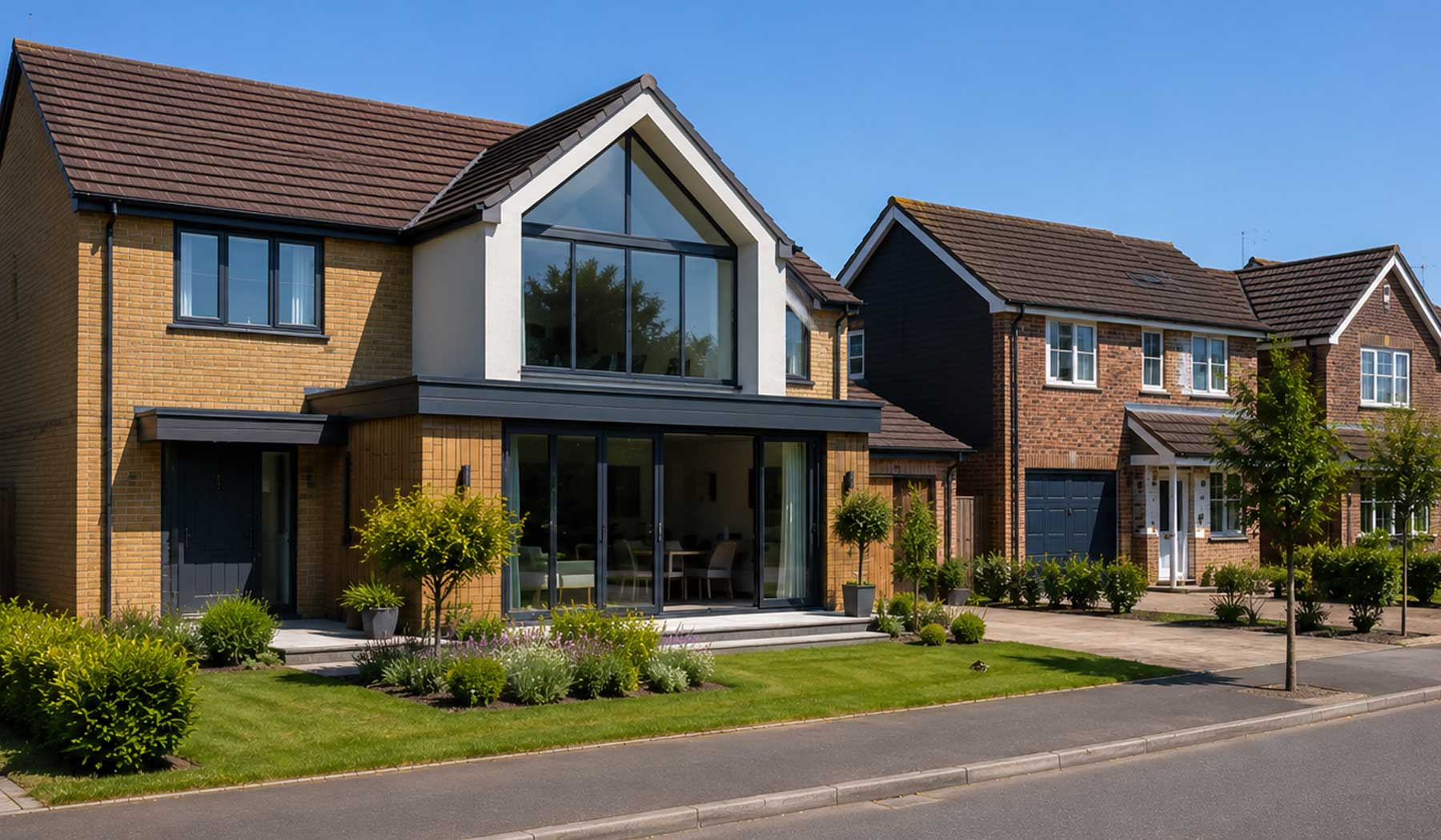 Modern family home with contemporary rear extension on a residential street in Basingstoke surrounded by 1960s to 1990s detached houses and landscaped gardens.