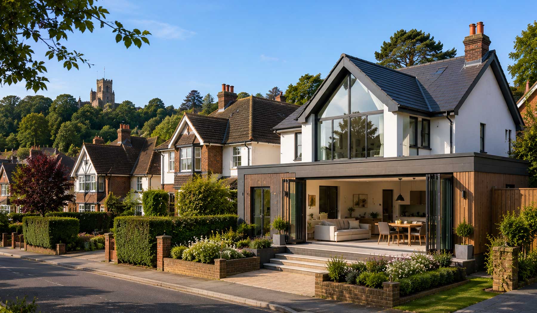 Modern home extension and renovated family house on a leafy residential street in Guildford with traditional homes and landscaped gardens under clear blue skies.
