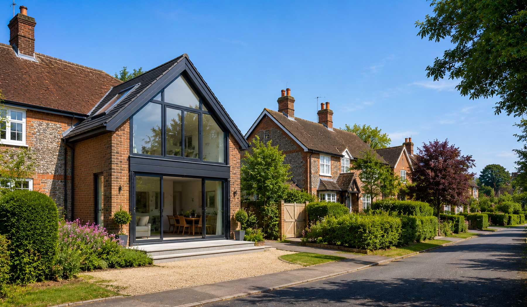 Modern village home with a contemporary rear extension on a quiet residential street in Hook surrounded by traditional houses, mature trees, and landscaped gardens.