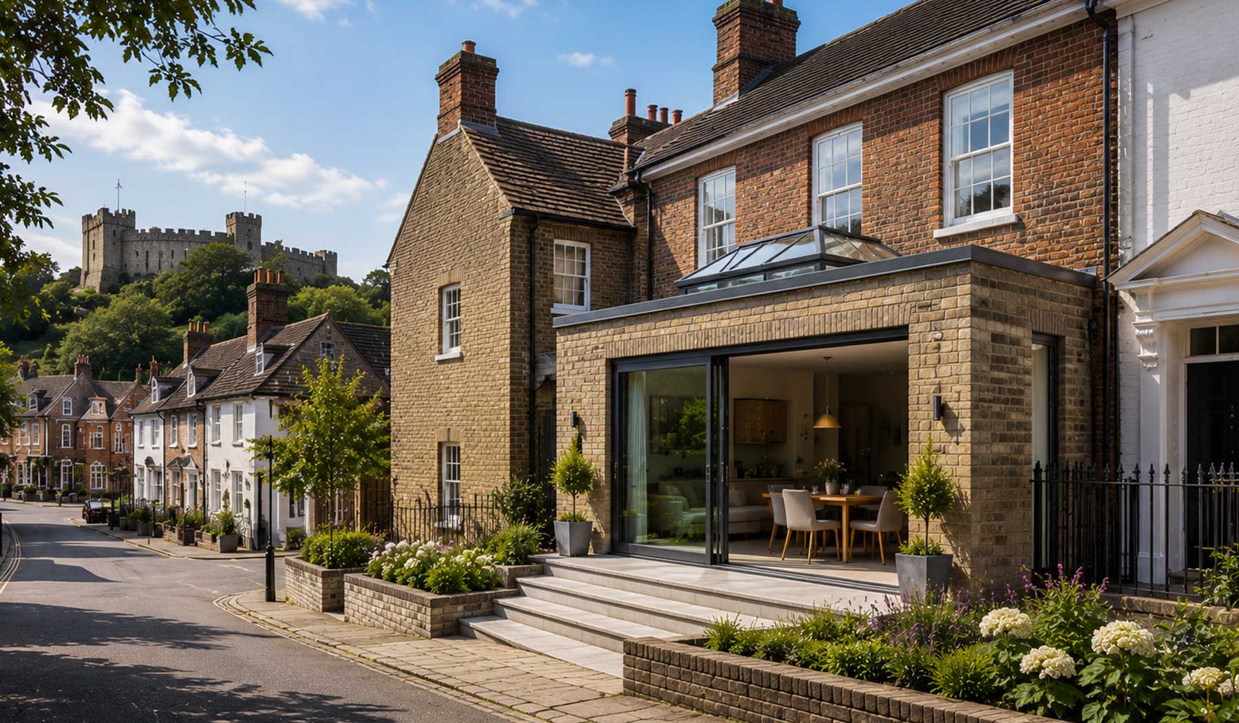 Contemporary rear extension to a Georgian townhouse on a historic Farnham street with traditional architecture, landscaped gardens, and conservation area character.