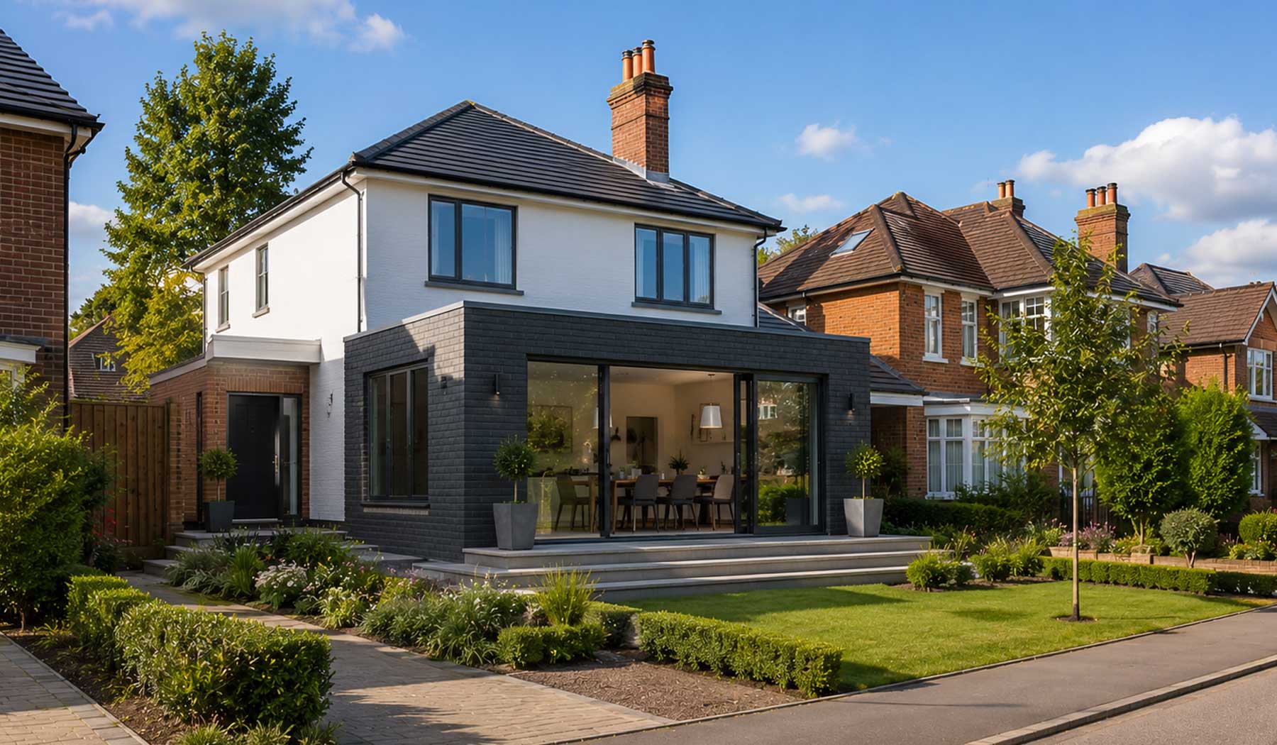 Modern detached home with a contemporary rear extension on a quiet residential street in Camberley surrounded by traditional family houses and landscaped gardens.