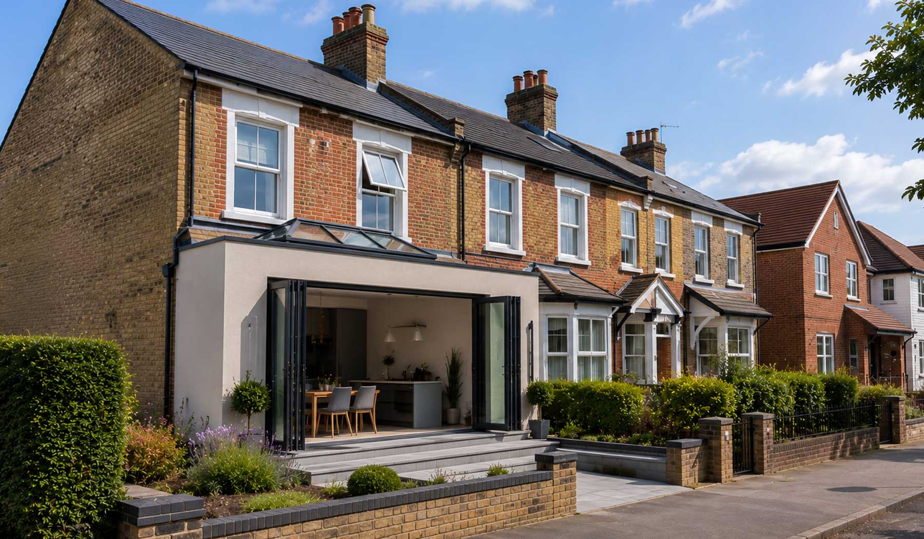 Modern rear extension to a Victorian terraced house on a residential street in Aldershot with traditional homes, contemporary family properties, and landscaped front gardens.