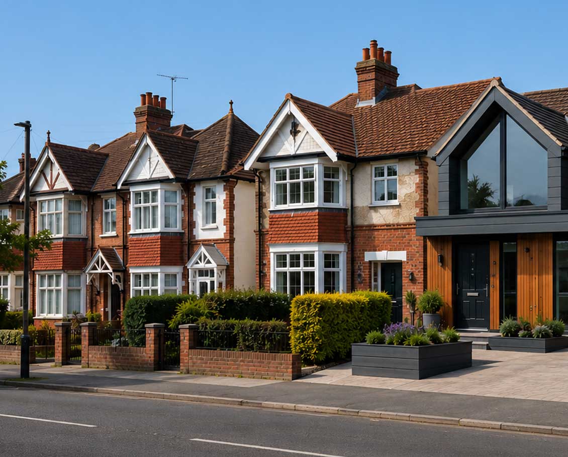 Modern home extension alongside Edwardian and contemporary houses on a residential street in Woking under a clear blue sky.