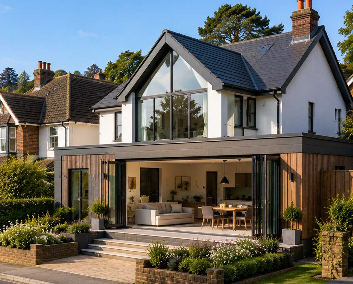 Modern home extension and renovated family house on a leafy residential street in Guildford with traditional homes and landscaped gardens under clear blue skies.
