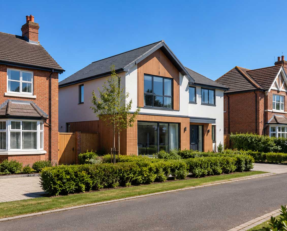 Modern family homes and contemporary house extension on a quiet residential street in Wokingham with landscaped gardens and clear blue skies.