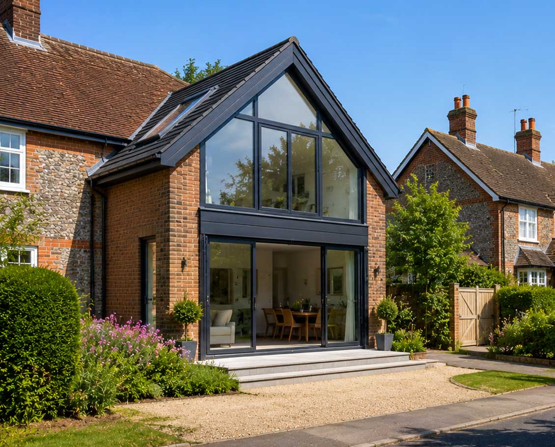 Modern village home with a contemporary rear extension on a quiet residential street in Hook surrounded by traditional houses, mature trees, and landscaped gardens.