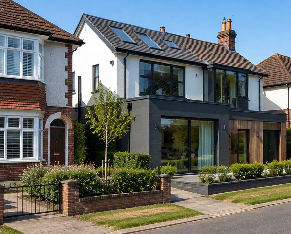 Modern home extension beside traditional 1930s semi-detached houses on a quiet residential street in Frimley with landscaped front gardens.