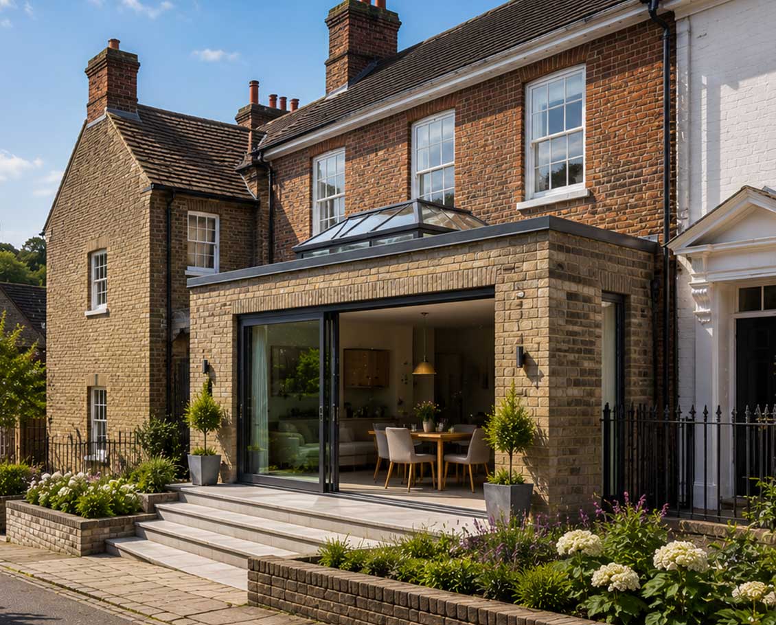 Contemporary rear extension to a Georgian townhouse on a historic Farnham street with traditional architecture, landscaped gardens, and conservation area character.