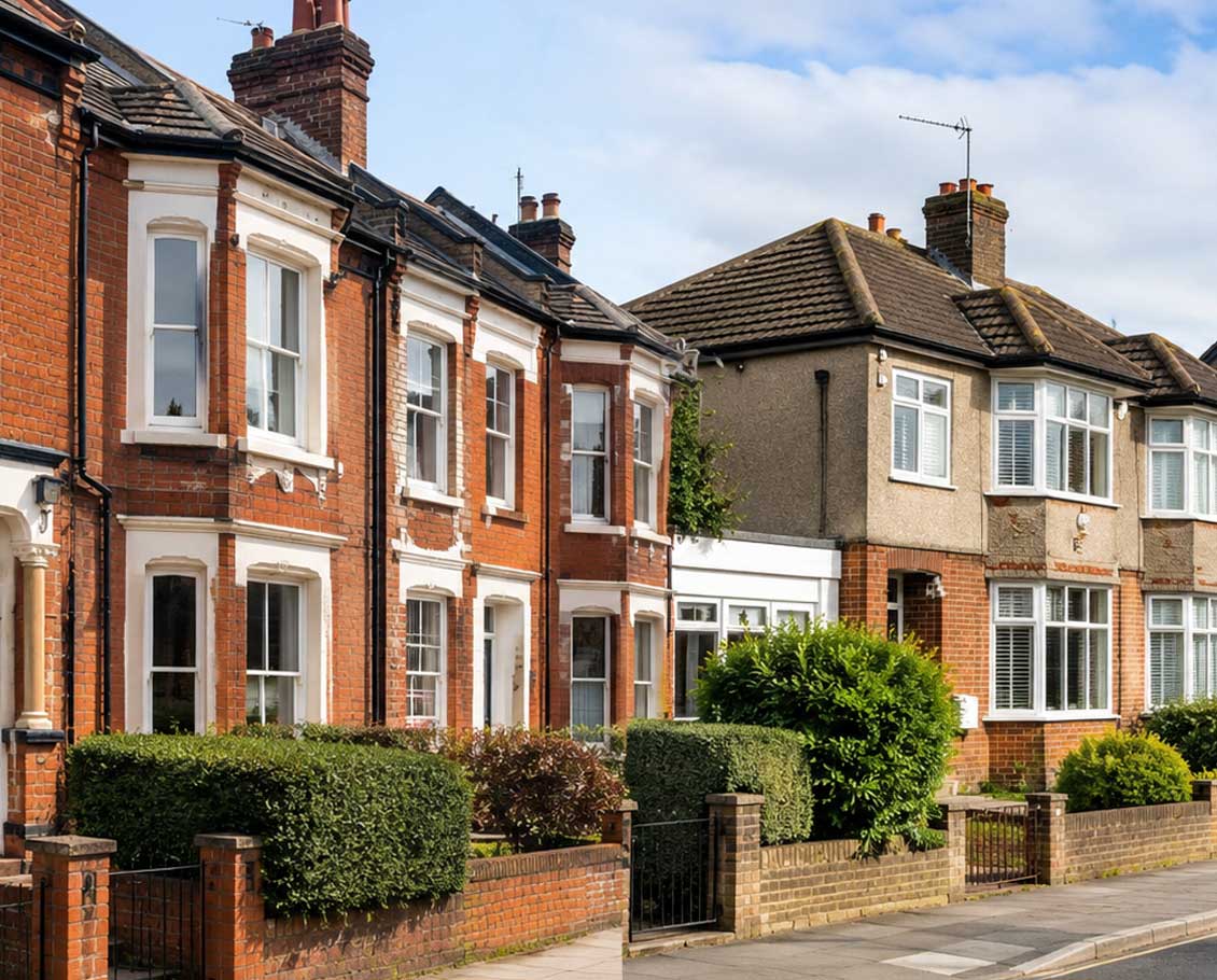 Victorian terraced, post-war semi-detached, and modern homes in Farnborough residential neighbourhood under a bright blue sky.