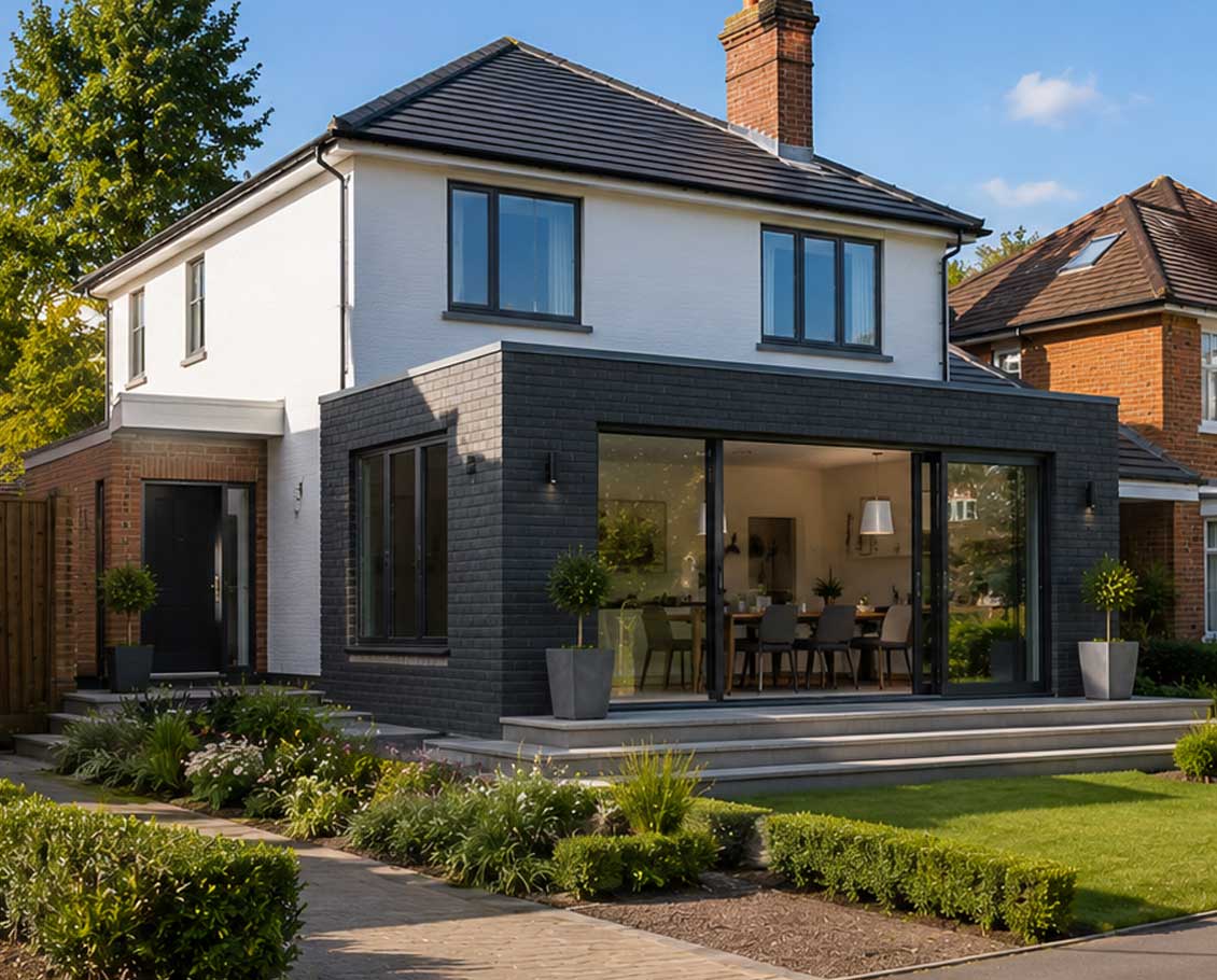 Modern detached home with a contemporary rear extension on a quiet residential street in Camberley surrounded by traditional family houses and landscaped gardens.