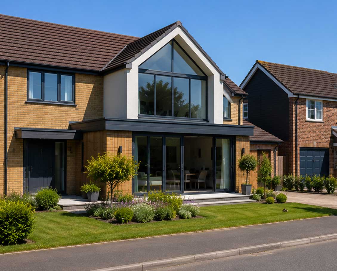 Modern family home with contemporary rear extension on a residential street in Basingstoke surrounded by 1960s to 1990s detached houses and landscaped gardens.