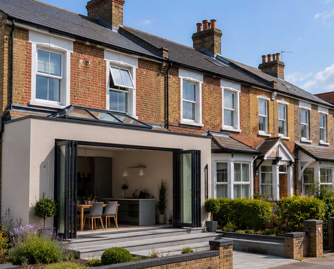 Modern rear extension to a Victorian terraced house on a residential street in Aldershot with traditional homes, contemporary family properties, and landscaped front gardens.