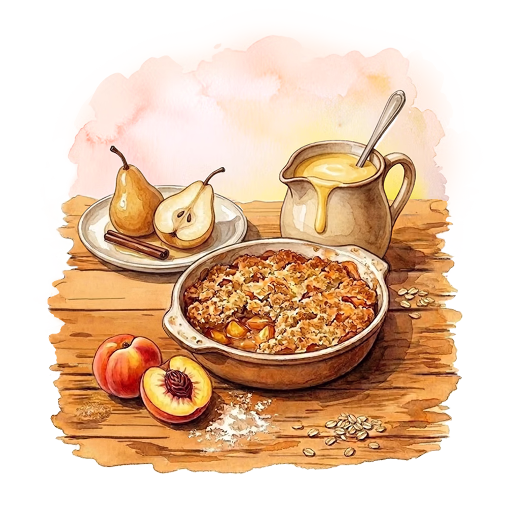 Tasting notes watercolor illustration of peach cobbler