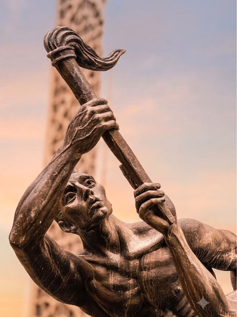 Bronze statue of a muscular man holding a torch raised beside a tall stone tower at sunset.