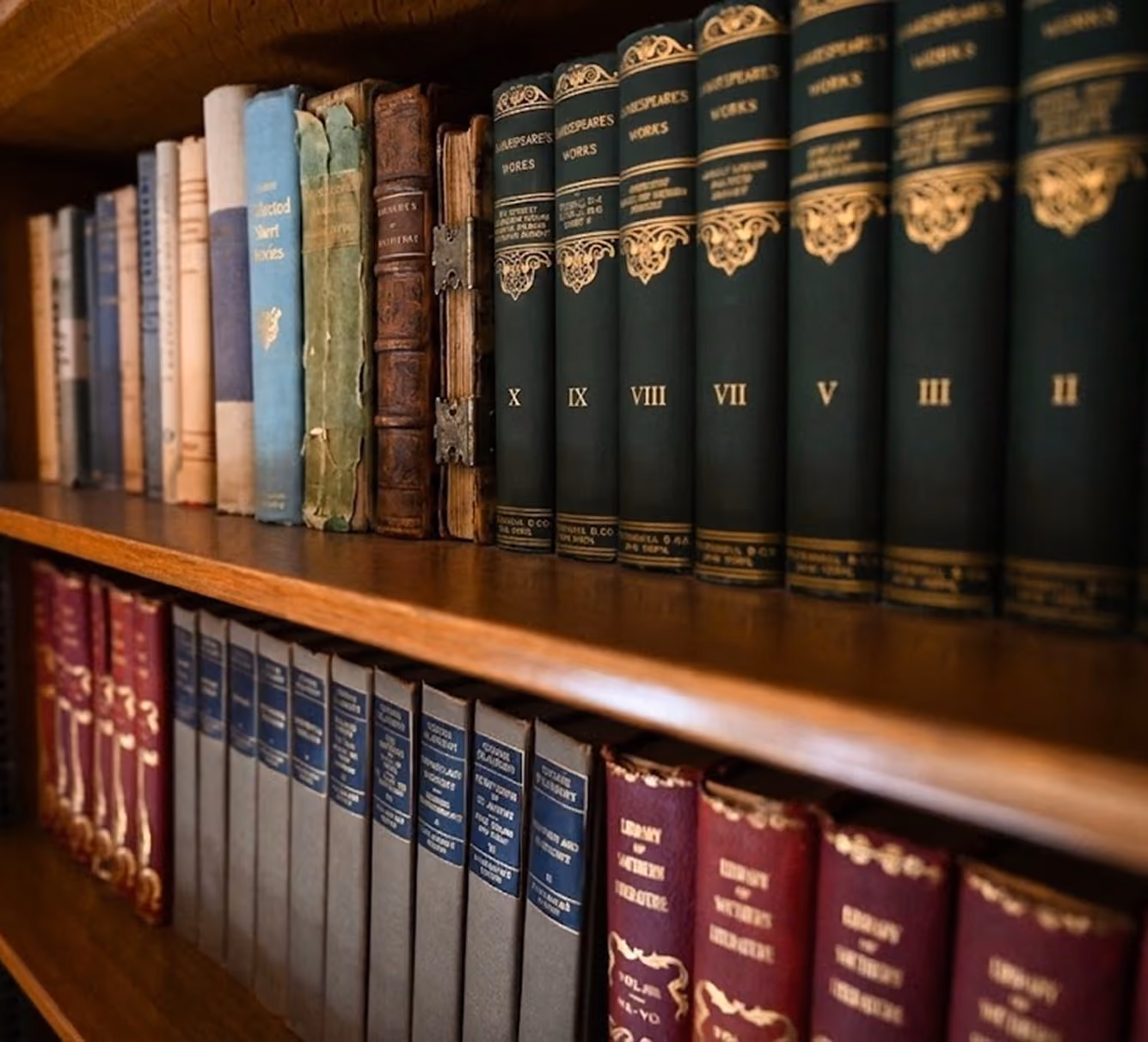 Wooden bookshelf with two rows of old, hardcover books, including a set of Shakespeare's works.