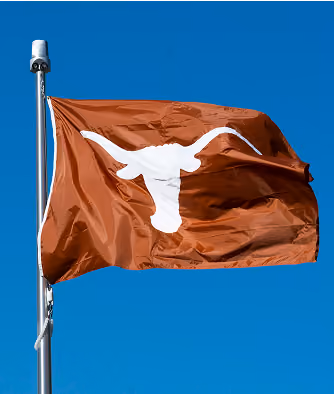 Burnt orange flag with a white longhorn silhouette waving against a clear blue sky.