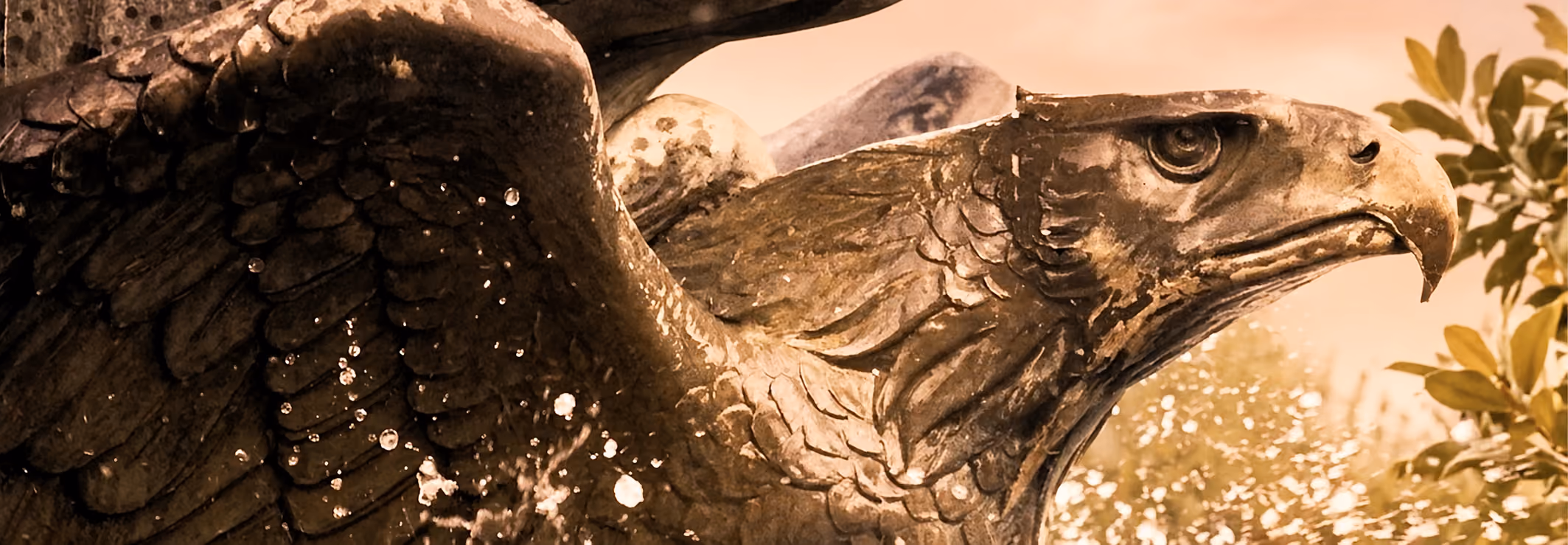 Close-up of a carved eagle statue with water droplets on its feathers and foliage in the background.