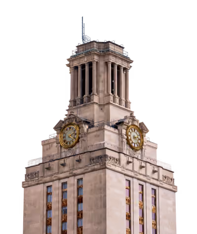 UT Austin clock tower with four large clocks and ornate architectural details against black background.