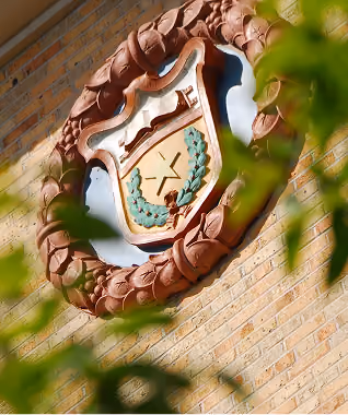 Decorative emblem with crossed tools and leaves on a brick wall, partially obscured by green leaves.