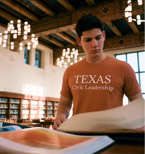 Young man in a Texas Civic Leadership shirt reading a book in a library with wooden beams and chandeliers.
