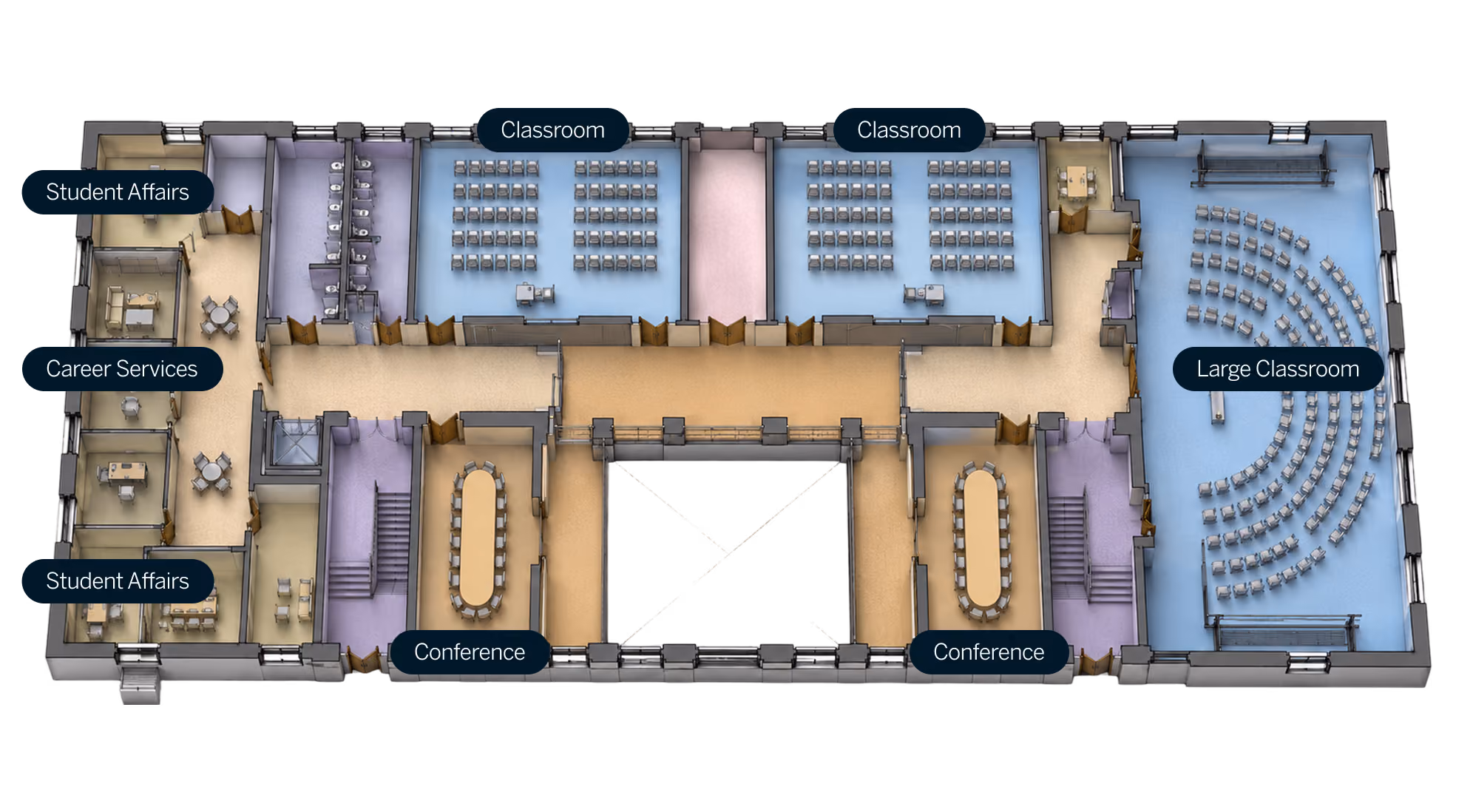 Floor plan showing classrooms, large classroom, conference rooms, student affairs, and career services areas.