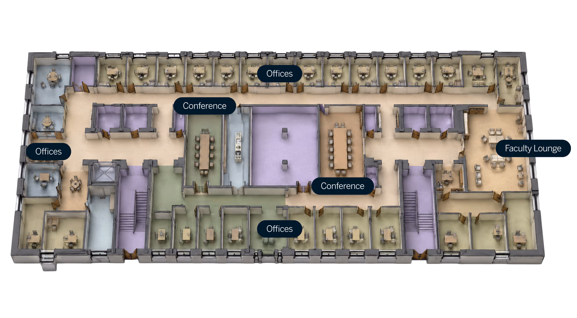 Floor plan showing offices, two conference rooms, and a faculty lounge with tables and chairs.
