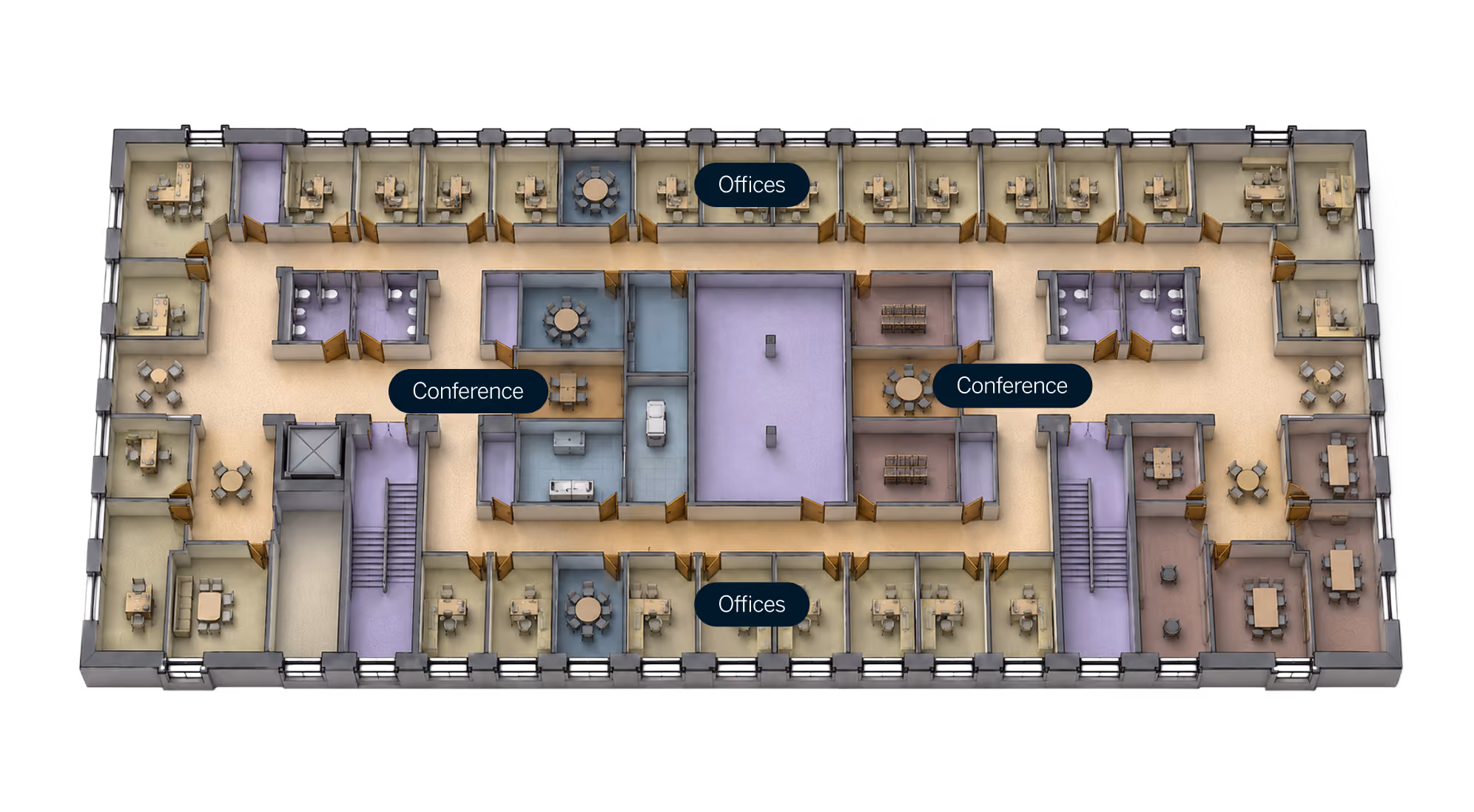 Office floor plan with labeled sections for offices and conference rooms, central elevators, and staircases.