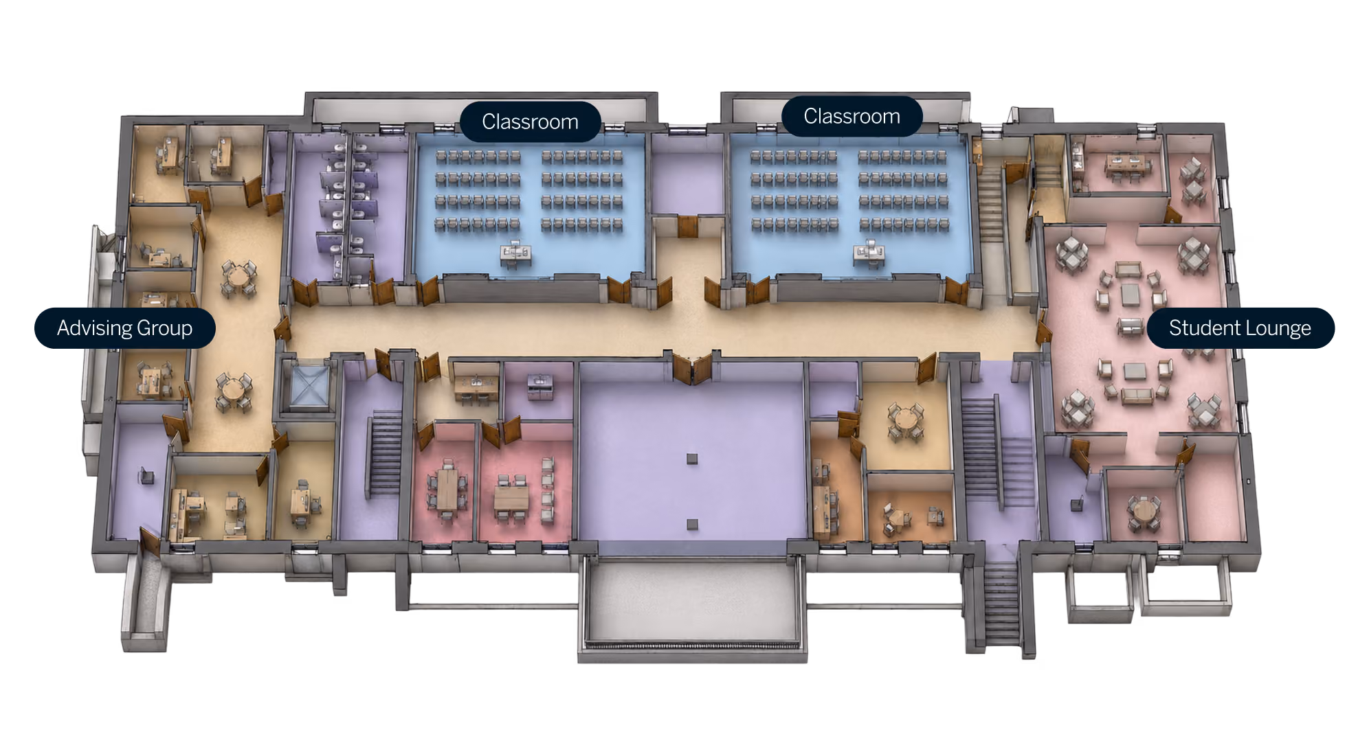 Floor plan showing classrooms, advising group rooms, and a student lounge with furniture arrangements.