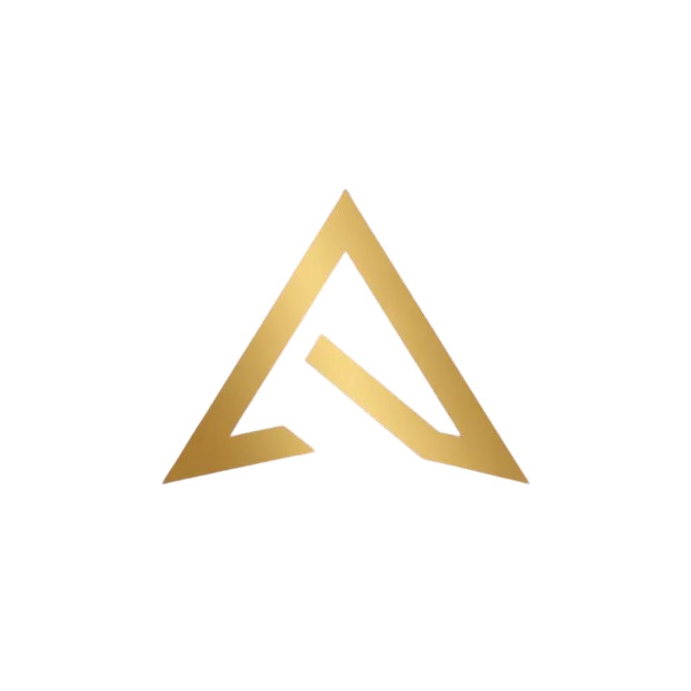 Gold triangular abstract shape with a diagonal bar inside on black background.