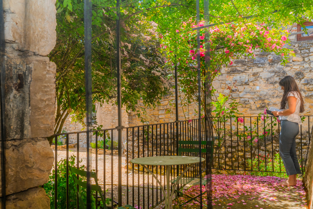 Woman reading beside a stone wall under a blooming tree with pink petals scattered on the ground.