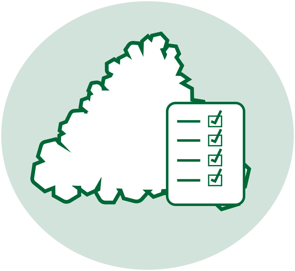 Line art-ikon som visar en hög med schaktmassor och en checklista för miljöteknisk provtagning hos KAJA Recycling.