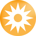 Compass rose with eight points in gray on an orange circular background.