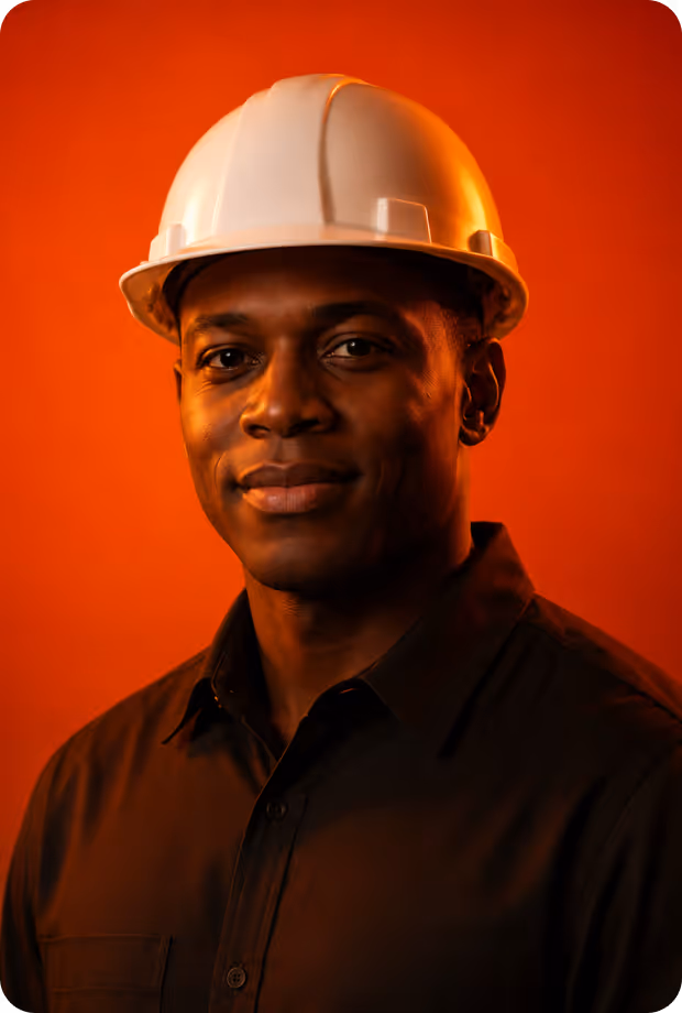 Portrait of a man wearing a white hard hat and dark shirt against an orange background.