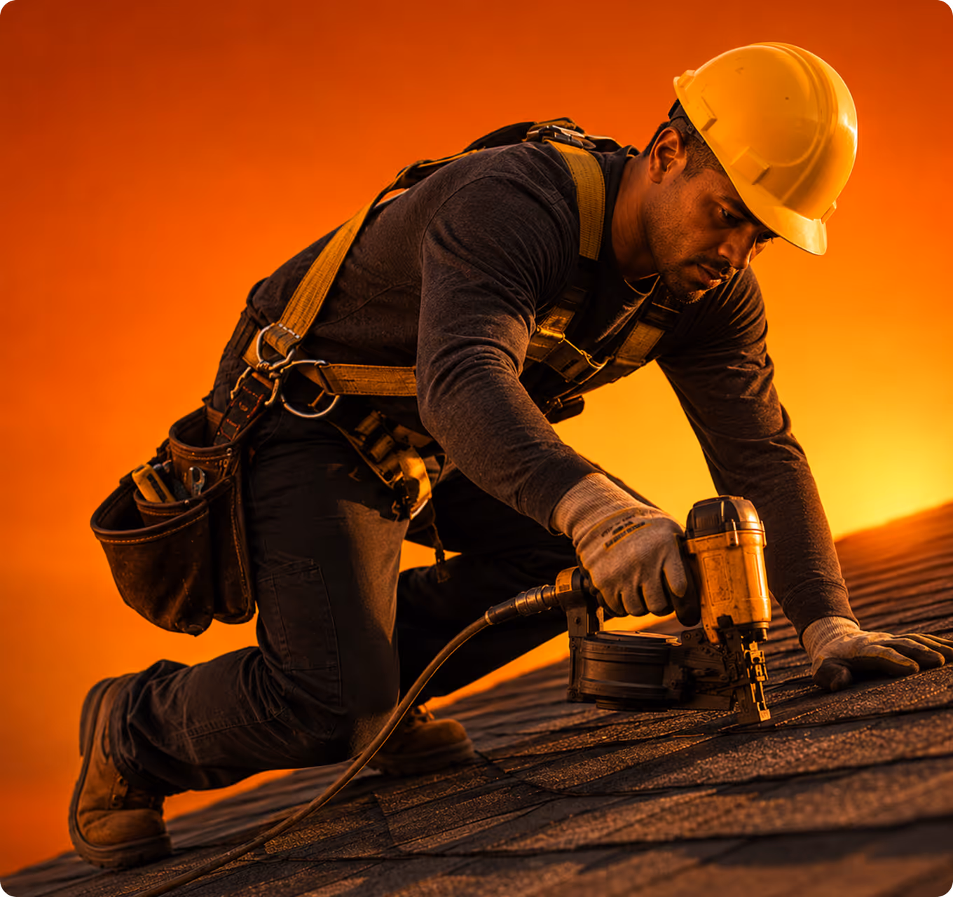 Construction worker in safety gear using a nail gun to work on a roof at sunset.