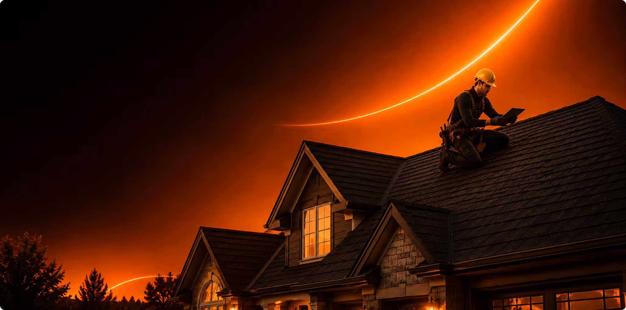 Construction worker in helmet checks tablet on a dark roof with an orange glowing sky background.