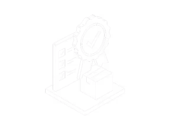 3D illustration of a checklist, a package box, and a quality check ribbon with a checkmark.
