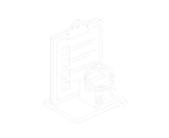Isometric illustration of a checklist clipboard and a magnifying glass inspecting a cardboard box.